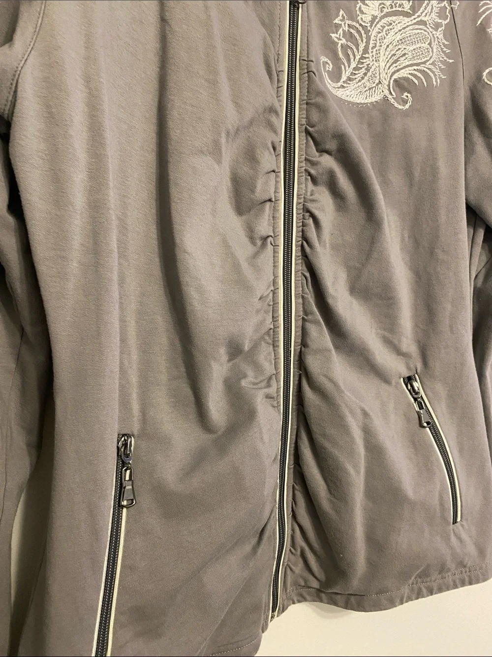 Boston Proper Gray Embroidered Zip Jacket. Pockets on either side.
